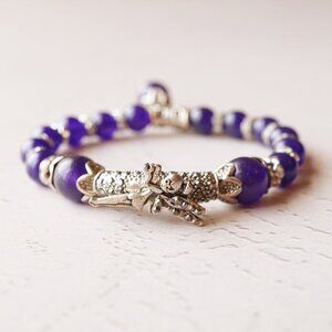 Tinkerbell Charm Gemstone Bracelet – Purple Jade Beads & Antique Silver Accents